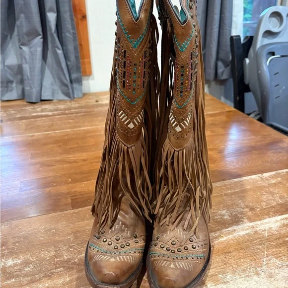 Brown Fringe Western Heeled Boots - Women's Fashion Boot - Picture 1 of 5